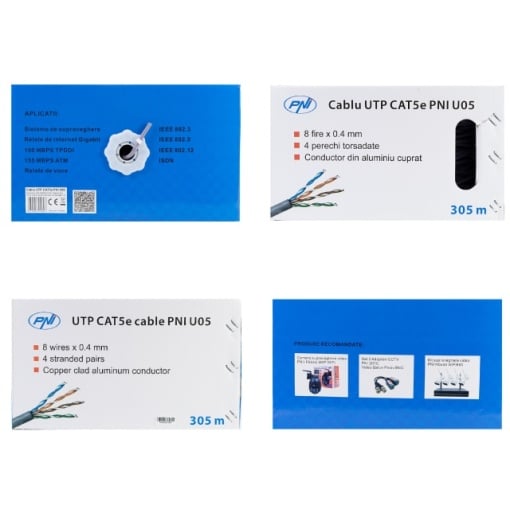 Cablu UTP CAT5e PNI U05 cu 4 perechi de fire torsadate 0.40 mm CCA, pentru internet 1 Gigabit si sisteme de supraveghere, rola 305m - Img 6