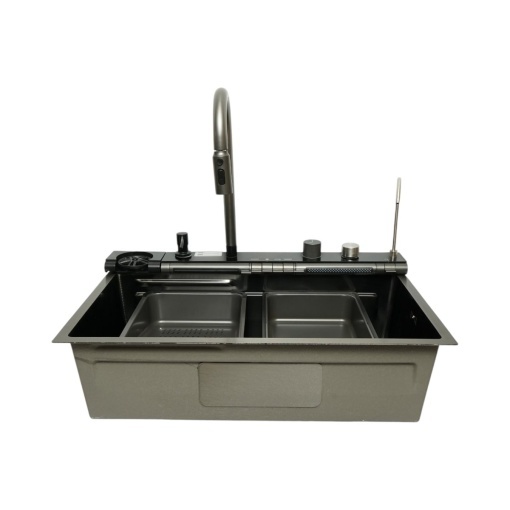 Chiuveta bucatarie multifunctionala din otel inoxidabil grafit mat PVD cu doua baterii, afisaj digital temperatura, doua cascade, dozator detergent, spalator pahare, scurgator, tava, tocator si accesorii incluse 75x46x22cm - Img 7