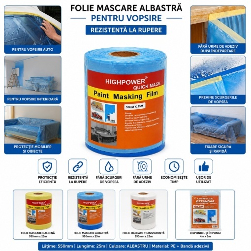 Folie protectie vopsit si zugravit cu banda adeziva albastra 550mm x 25m HighPower - Img 4