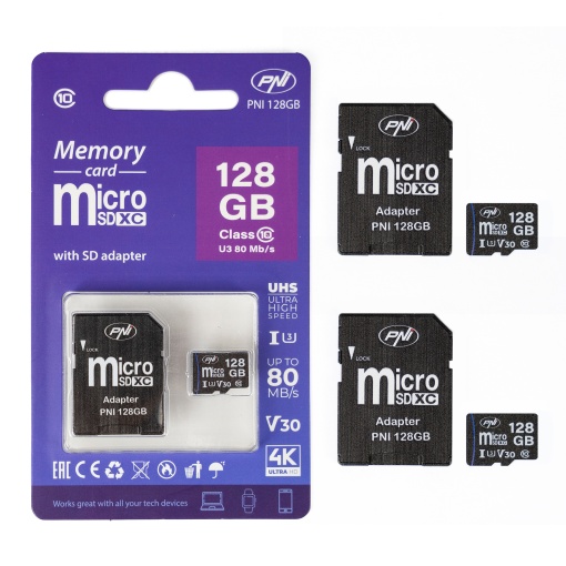 Pachet 2 bucati Card de memorie MicroSD PNI 128GB Clasa 10, 80 Mb/s, V30 cu adaptoare SD incluse - Img 7