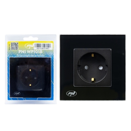 Priza simpla incastrabila PNI WP101B, cu rama din sticla, 16A, 3700W, 230V, negru - Img 5