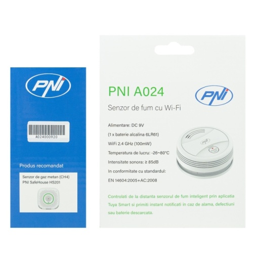 Senzor de fum PNI A024 cu Wi-Fi, control din aplicatia Tuya Smart, alimentare baterie 9V, 85dB, alarma sonora si vizuala, alarma silentioasa - Img 2