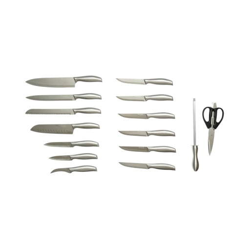 Set cutite bucatarie 16 piese cu suport lemn, foarfeca si pila ascutit, lama otel 3Cr13, maner otel 18/0 Breckner Germany - Img 2