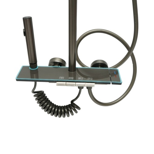 Set dus multifunctional cu termostat, afisaj digital temperatura, 4 functii de curgere a apei, pipa cada, dus dreptunghiular tip ploaie, para de dus, dus bideu, grafit mat, aluminiu - Img 5