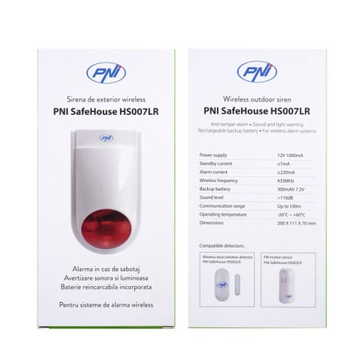 Sirena de exterior wireless PNI SafeHouse HS007LR, cu acumulator si alimentator, pentru sisteme de alarma wireless PNI HS600 si HS650 - Img 5