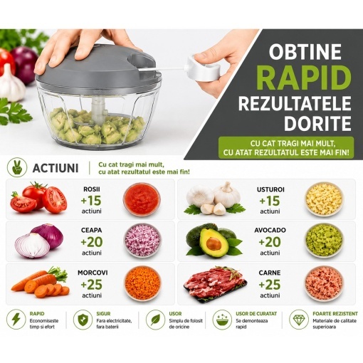 Tocator manual de legume cu sfoara, 3 lame inox, capacitate 500ml - Img 8