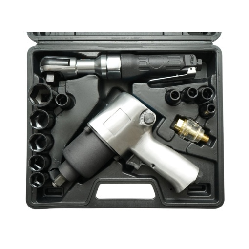 Trusa scule pneumatice cu pistol de impact Twin Hammer 1/2 inch, clichet 3/8 inch, 10 tubulare 9-27mm si accesorii 16 piese Breckner Germany - Img 5