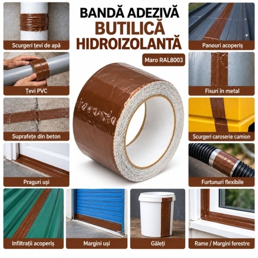 Banda butilica hidroizolanta autoadeziva 300mm x 5m cu folie de aluminiu maro RAL8003 Breckner Germany - Img 4