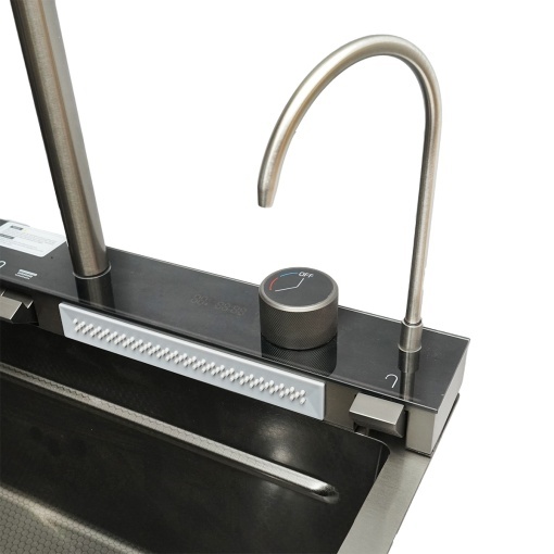 Chiuveta bucatarie multifunctionala din otel inoxidabil cu 2 cascade, afisaj digital temperatura, functie cascada, dozator sapun, spalator pahare, scurgator, tava, tocator si accesorii scurgere incluse, dimensiune 75x46x23.5cm - Img 8
