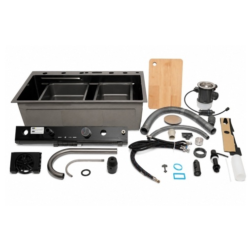 Chiuveta bucatarie multifunctionala din otel inoxidabil grafit mat PVD cu doua baterii, afisaj digital temperatura, doua cascade, dozator detergent, spalator pahare, scurgator, tava, tocator si accesorii incluse 75x46x22cm - Img 4