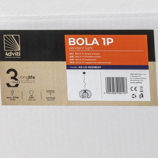Corp de iluminat suspendat ADVITI BOLA 1P AD-LD-6221BE27, E27, maxim 60W, negru - Img 7