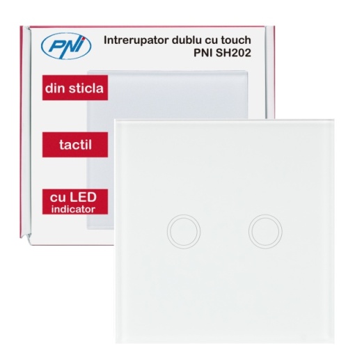Intrerupator dublu cu touch PNI SH202 din sticla, alb cu LED indicator - Img 5
