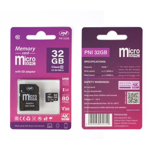 Pachet 2 bucati Card de memorie MicroSD PNI 32GB Clasa 10, 80 Mb/s, V30 cu adaptoare SD incluse - Img 2