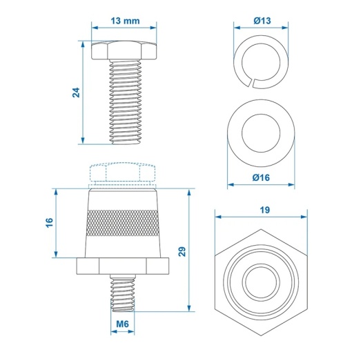 Set borne baterie (+) si (-) filet alama M6 cu surub - Img 4
