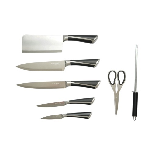 Set cutite bucatarie 8 piese cu suport rotativ acrilic, foarfeca si pila ascutit, lama otel 3Cr13, maner otel 18/0 negru Breckner Germany - Img 3