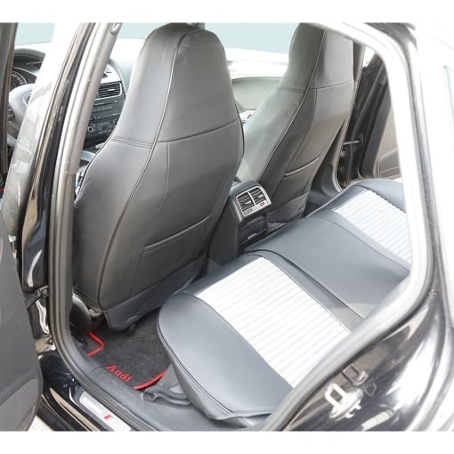 Set huse scaune auto Premium negru-gri universale, design sport ergonomic, piele ecologica cu insertii textile 11 piese - Img 6
