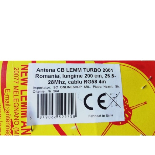 Antena CB LEMM TURBO 2001 Romania, lungime 200 cm, castig 6.5dB, 26.5-28Mhz, 2000W, cablu RG58 4m, fabricata in Italia - Img 5