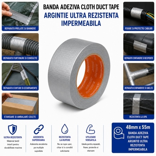 Banda adeziva textila Duct Tape argintie 48mm x 55m pentru reparatii HighPower - Img 4