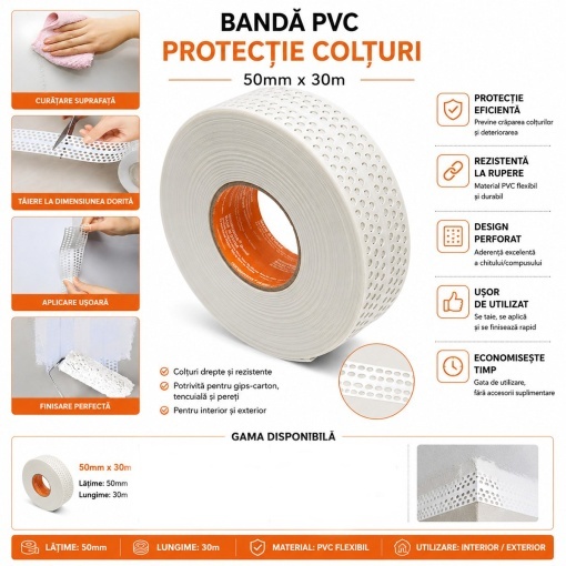Banda protectie colturi rigips 50mm x 30m PVC perforata autoadeziva HighPower - Img 5