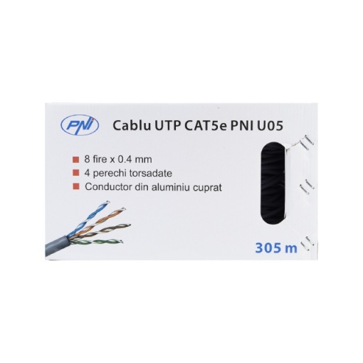 Cablu UTP CAT5e PNI U05 cu 4 perechi de fire torsadate 0.40 mm CCA, pentru internet 1 Gigabit si sisteme de supraveghere, rola 305m - Img 3