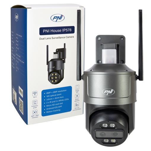 Camera supraveghere video PNI House IP578 cu Wi-Fi, PTZ, dual lens 8MP + 8MP, zoom optic 10X