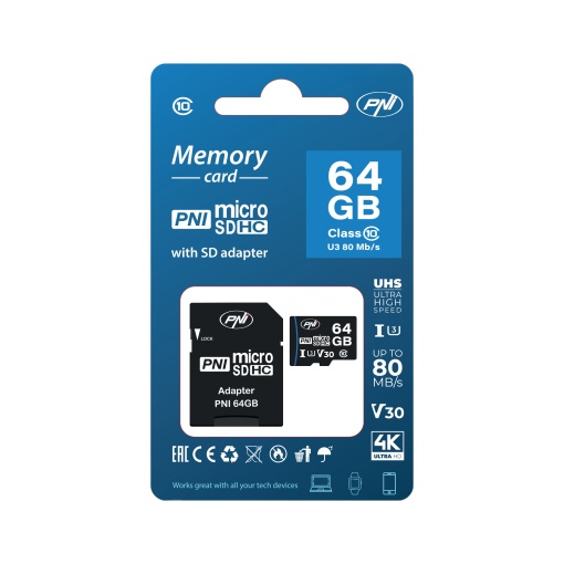 Card de memorie MicroSD PNI 64GB cu adaptor SD Clasa 10, 80 Mb/s, V30 - Img 4