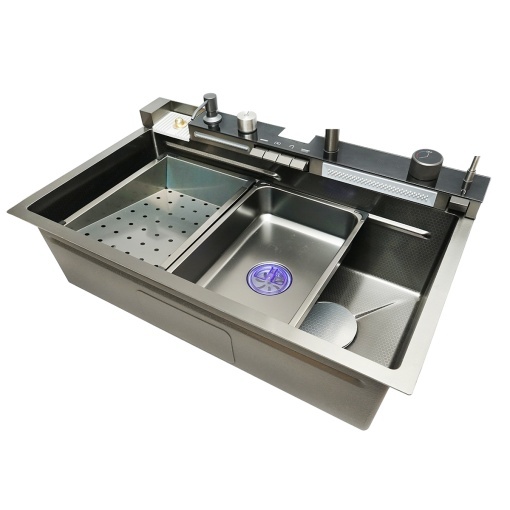 Chiuveta bucatarie multifunctionala din otel inoxidabil cu 2 cascade, afisaj digital temperatura, functie cascada, dozator sapun, spalator pahare, scurgator, tava, tocator si accesorii scurgere incluse, dimensiune 75x46x23.5cm - Img 5