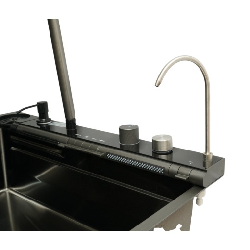 Chiuveta bucatarie multifunctionala din otel inoxidabil grafit mat PVD cu doua baterii, afisaj digital temperatura, doua cascade, dozator detergent, spalator pahare, scurgator, tava, tocator si accesorii incluse 75x46x22cm - Img 11