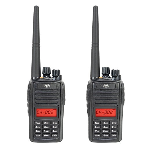Kit 2 statii radio portabile PNI PMR R18, 446MHz, 0.5W, 128 canale, 16 PMR si tonuri 50 CTCSS si 104 DCS, Radio FM, programabila, Waterproof IP67