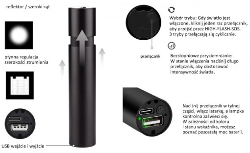 Lanterna aluminiu 250 lm, 1200 mAh VERKE - Img 2