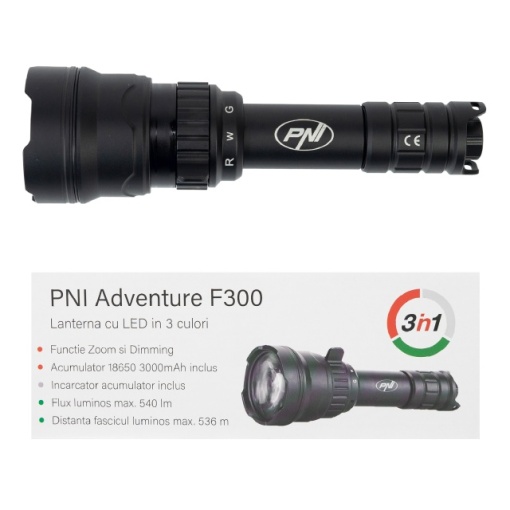 Lanterna PNI Adventure F300 cu LED in 3 culori, alb, rosu, verde, IP68 waterproof, distanta 500 m, flux luminos 540 lm, acumulator 18650 3000mAh inclus, incarcator pentru acumulator inclus, functie zo - Img 4