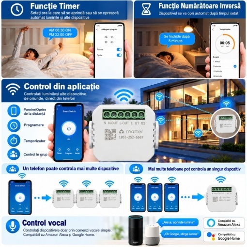 Modul intrerupator inteligent smart Wi-Fi Matter 1 canal 100-240V, 10A, montaj in doza, aplicatie Tuya Smart Life, compatibil Alexa si Google Home - Img 5