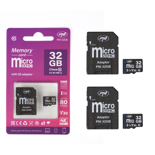 Pachet 2 bucati Card de memorie MicroSD PNI 32GB Clasa 10, 80 Mb/s, V30 cu adaptoare SD incluse