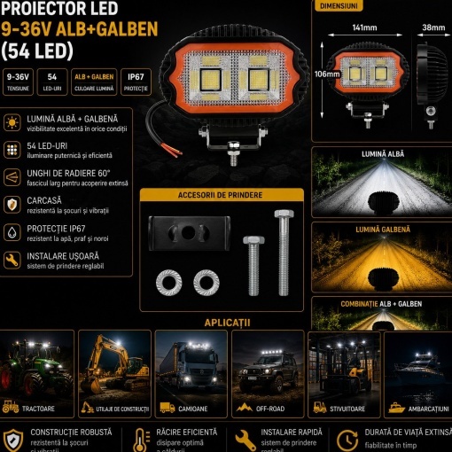 Proiector oval LED cu DRL 17W, 9-36V, 54 LED-uri, alb-galben, carcasa aluminiu 141x106x38mm IP67 Breckner Germany - Img 3