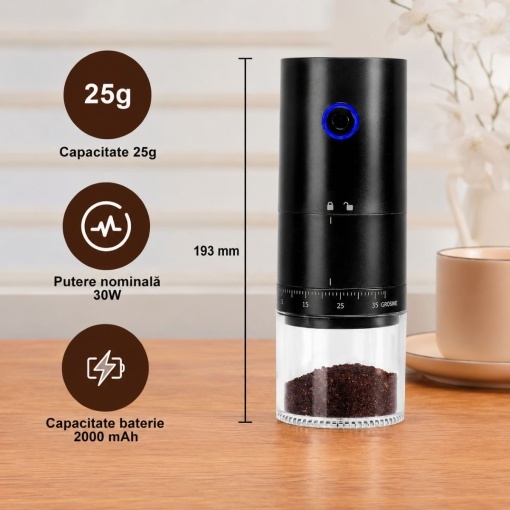 Rasnita electrica de cafea portabila cu acumulator 2000mAh, 30W, reglaj macinare 38 trepte, capacitate 25g/120ml, reincarcabila USB Type-C - Img 4