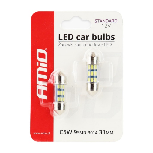Set 2 becuri auto AMIO , C5W, LED 9 SMD 3014, 31mm, 12V, capac sticla, leduri alb sofit Festoon - Img 3