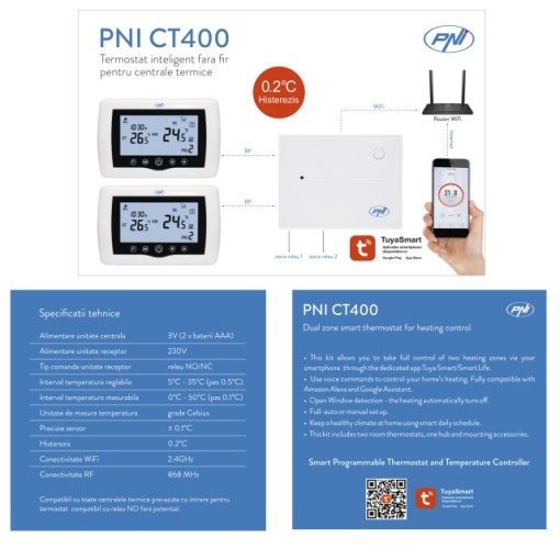 Termostat inteligent PNI CT400 fara fir, cu WiFi, controleaza 1 centrala si 2 zone diferite, parter etaj prin Internet, pentru centrale termice, pompe, electrovalve, APP TuyaSmart, histerezis 0.2 grad - Img 6