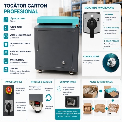 Tocator carton industrial 550mm, 1500W, 220V, viteza reglabila 0-18m/min, grosime maxima 10mm Breckner Germany - Img 9