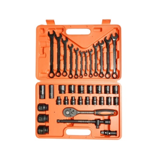 Trusa chei tubulare 8-32mm si chei combinate fixe-inelare 6-19mm, antrenor cu clichet, prelungitor T 250mm, cardan 1/2 inch Cr-V 37 piese Breckner Germany - Img 2