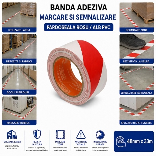 Banda adeziva de avertizare si marcare podea PVC rosu-alb 48mm x 33m HighPower - Img 4