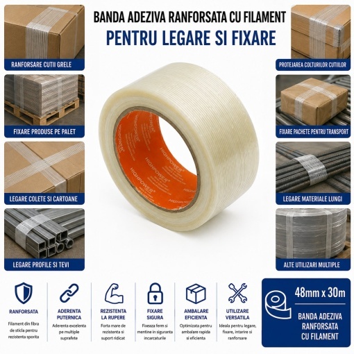 Banda adeziva ranforsata cu filament 48mm x 30m pentru ambalare HighPower - Img 4