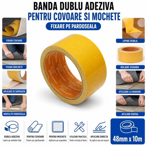 Banda dublu adeziva textila 48mm x 10m pentru mochete si covoare HighPower - Img 4