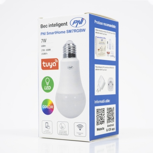 Bec inteligent PNI SmartHome SM7RGBW LED 7W lumina RGBW reglabila, programabil WiFi, control prin internet, App Tuya Smart, compatibil Amazon Alexa si Google Home - Img 3