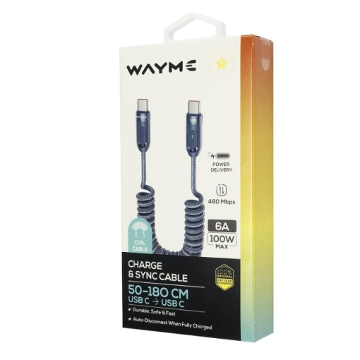 Cablu de încărcare și sincronizare WAYME din microfibră împletită, spiralat, 50 - 180 cm, USB-C > USB-C, Max 100W, Albastru - Img 2