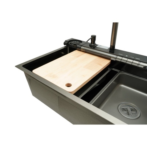 Chiuveta bucatarie multifunctionala din otel inoxidabil grafit mat PVD cu doua baterii, afisaj digital temperatura, doua cascade, dozator detergent, spalator pahare, scurgator, tava, tocator si accesorii incluse 75x46x22cm - Img 8