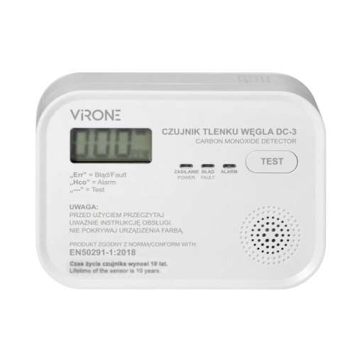 Detector monoxid de carbon VIRONE DC-3, 3 x AA, LCD, buton TEST, alarma sonora si vizuala, alb