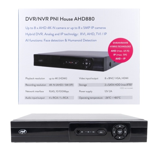 DVR/NVR PNI House AHD880, 8 canale analogice 4K-N sau 8 canale IP 5MP, H265+, intrare audio, iesire audio, USB2.0, 2 x SATA max 8TB - Img 5