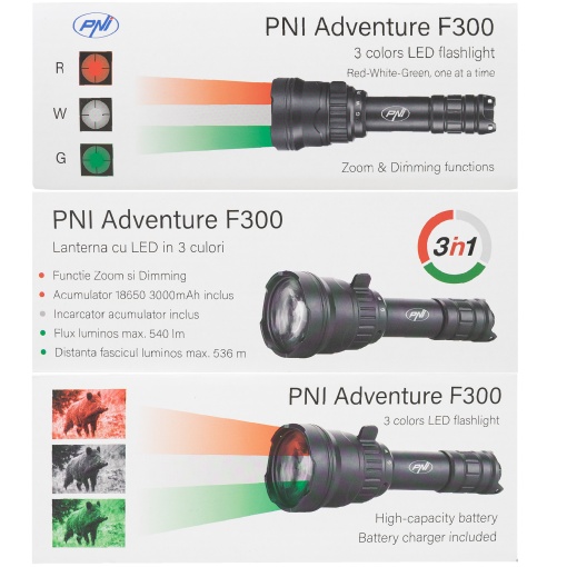 Pachet Lanterna PNI Adventure F300 cu LED in 3 culori, alb, rosu, verde, max. 10W, IPX6 + Sticky Pad Drapel - Img 11