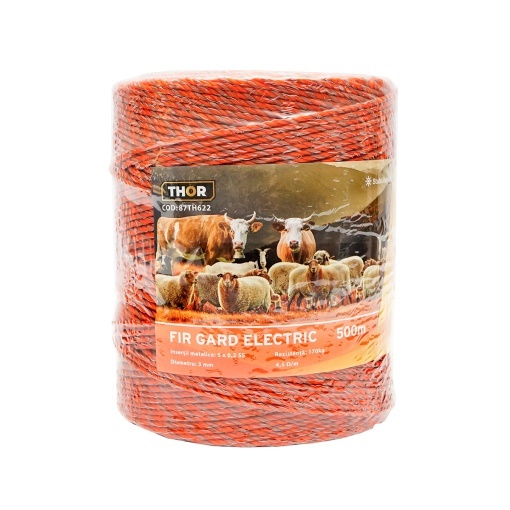 Rola fir portocaliu-maro fi 3mm insertie metalica 5x0.2mm SS, rezistenta 4.5 Ohm/m, 500m gard electric Thor - Img 2