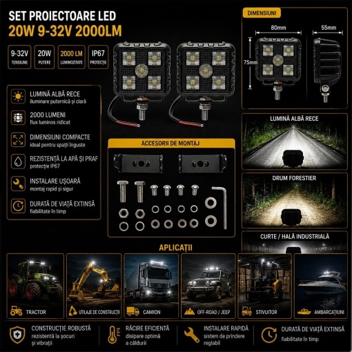 Set 2 proiectoare patrate LED 20W, 9-32V, 5700K, 2000lm, carcasa aluminiu 80x55x74mm IP67 Breckner Germany - Img 3